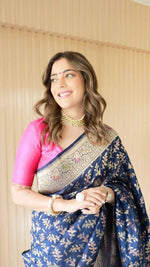 Thumbnail for DEIANA'S Beautiful Golden Jari with New Design Soft Lichi Silk Saree - Navy Blue - Distacart