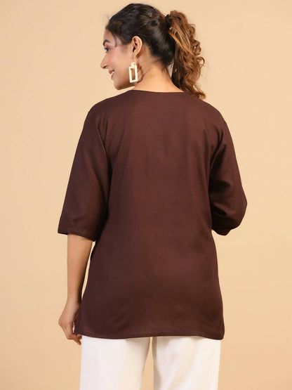 Womens Brown Rayon Yoke Embroidered Top - Keeva - Distacart