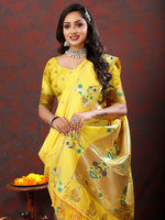 Thumbnail for Lorenvalley Fashion Yellow Soft Paithani Silk Woven Design Gold Zari Meenakari Weaving Saree - Distacart