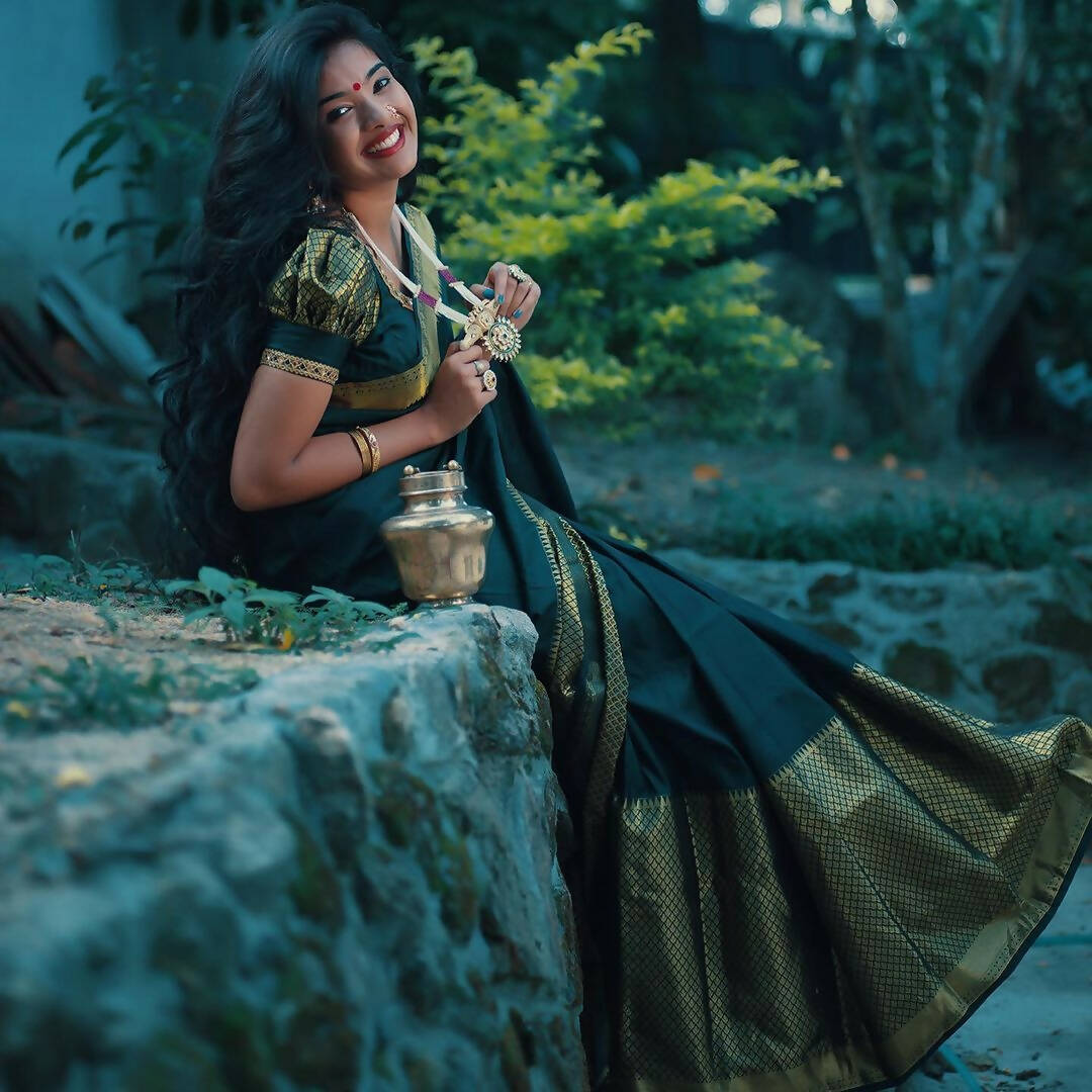 DEIANA'S Beautiful Golden Jari with New Design Soft Lichi Silk Saree - Navy Blue - Distacart