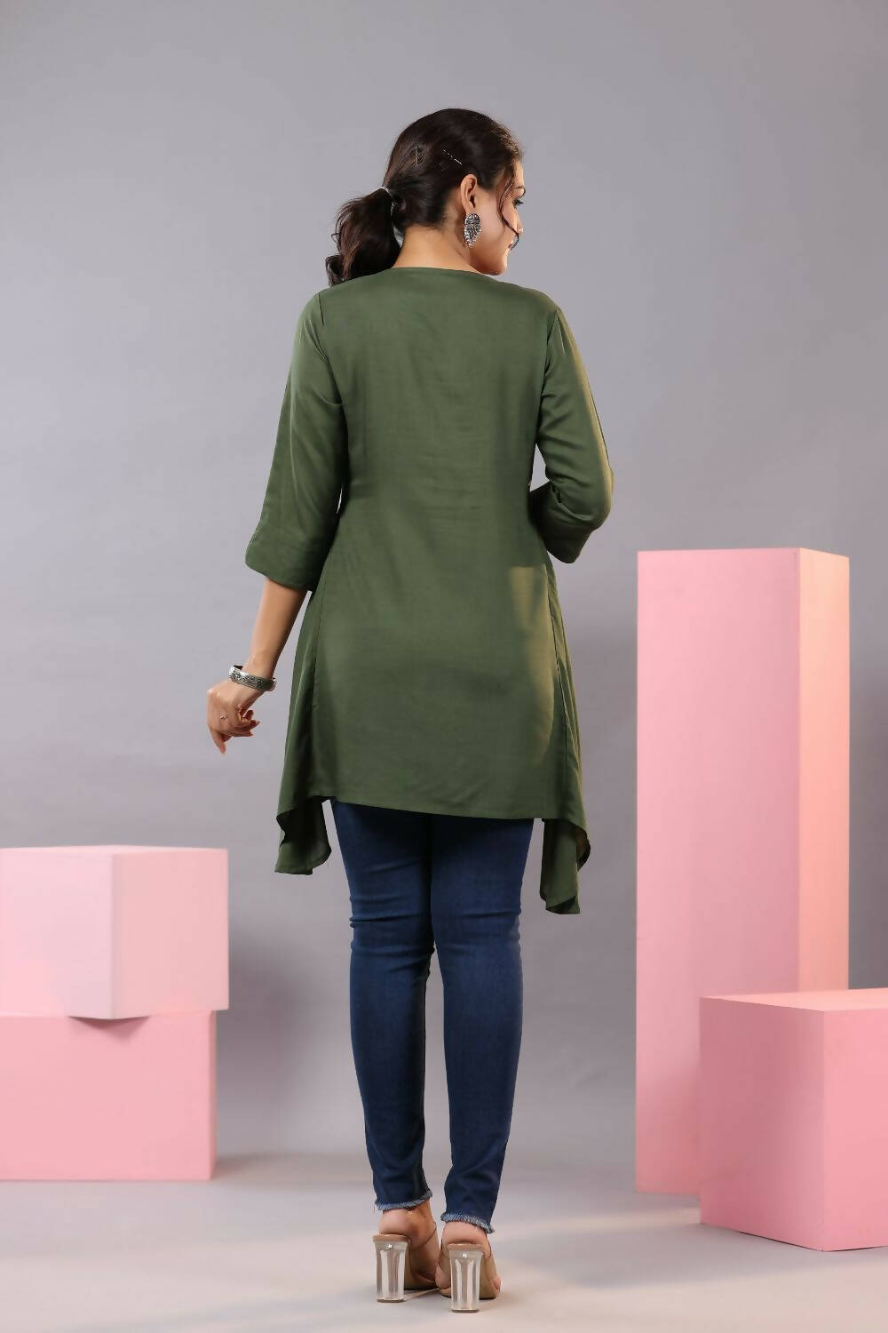 Juniper Women Olive Rayon Solid Asymmetric Kurta - Distacart