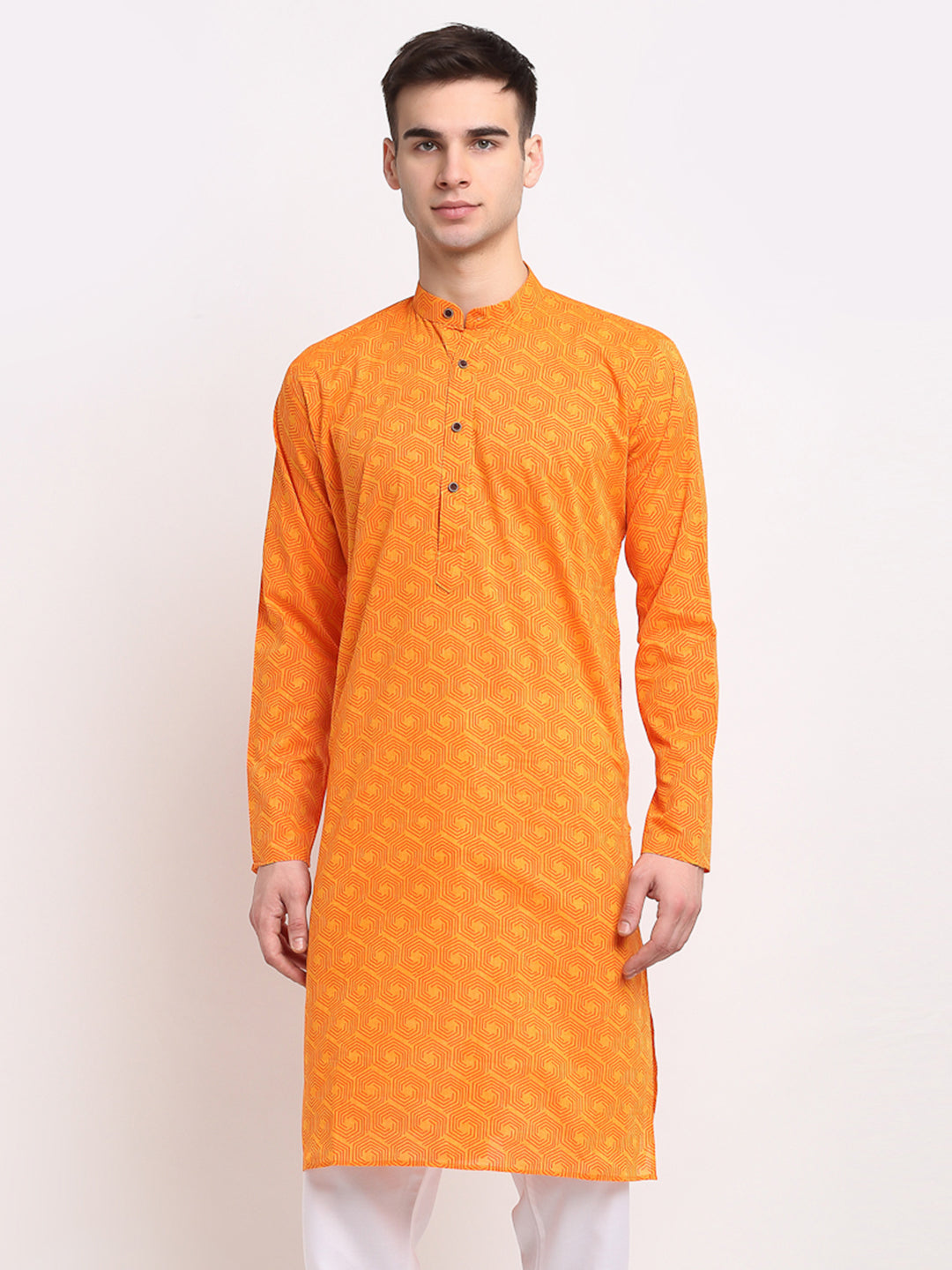 Jompers Men's Yellow Cotton Printed Kurta Only