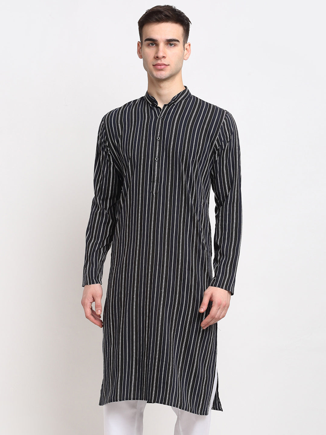 Jompers Men's Black Cotton Striped Kurta Only