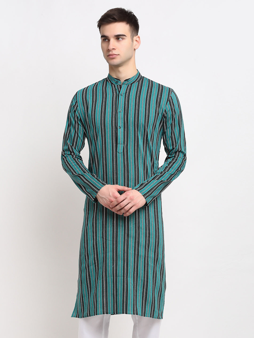 Jompers Men's Green Cotton Striped Kurta Only