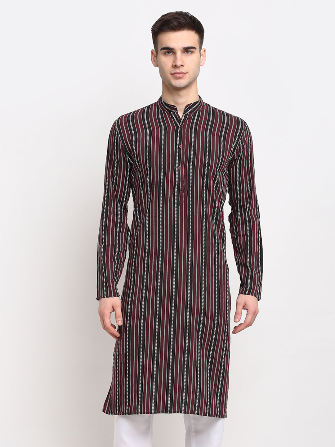 Jompers Men's Maroon Cotton Striped Kurta Only