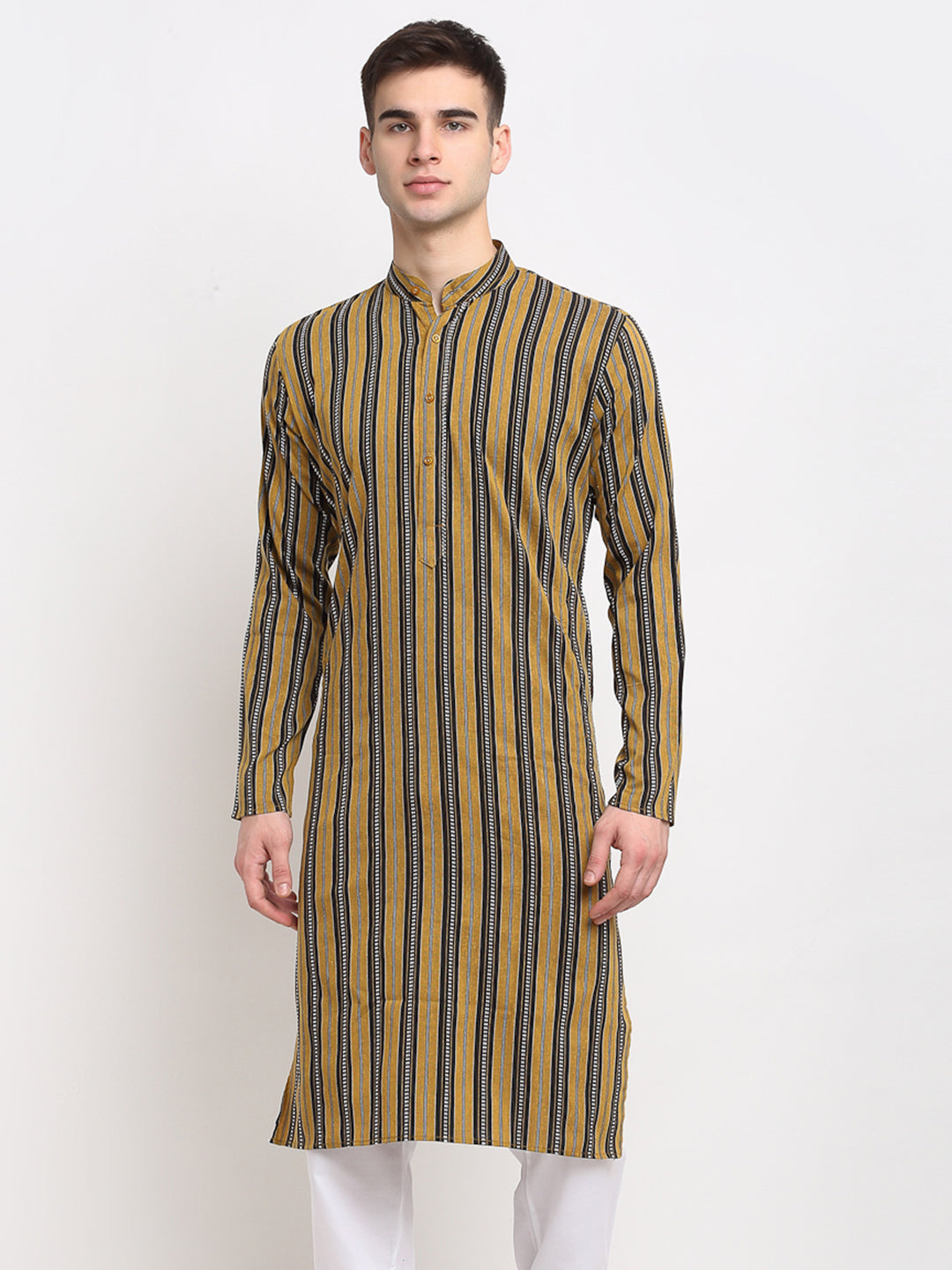 Jompers Men's Mustard Cotton Striped Kurta Only