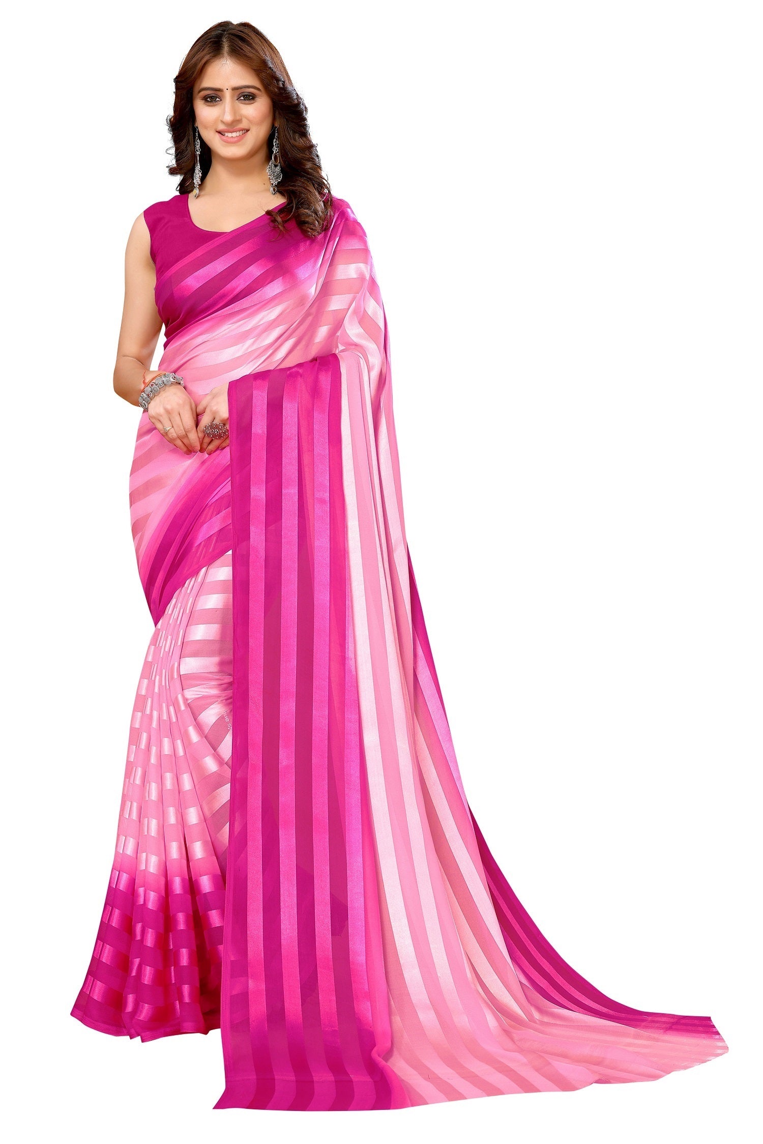 Vamika Georgette Satin Pink Desinger Satin Patta Saree - Distacart