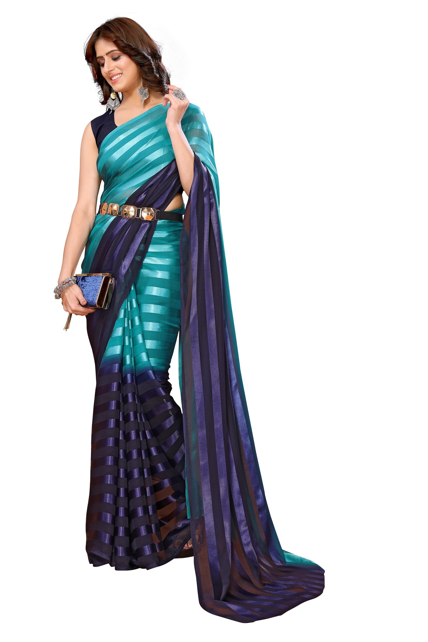 Vamika Georgette Satin Green Desinger Satin Patta Saree - Distacart