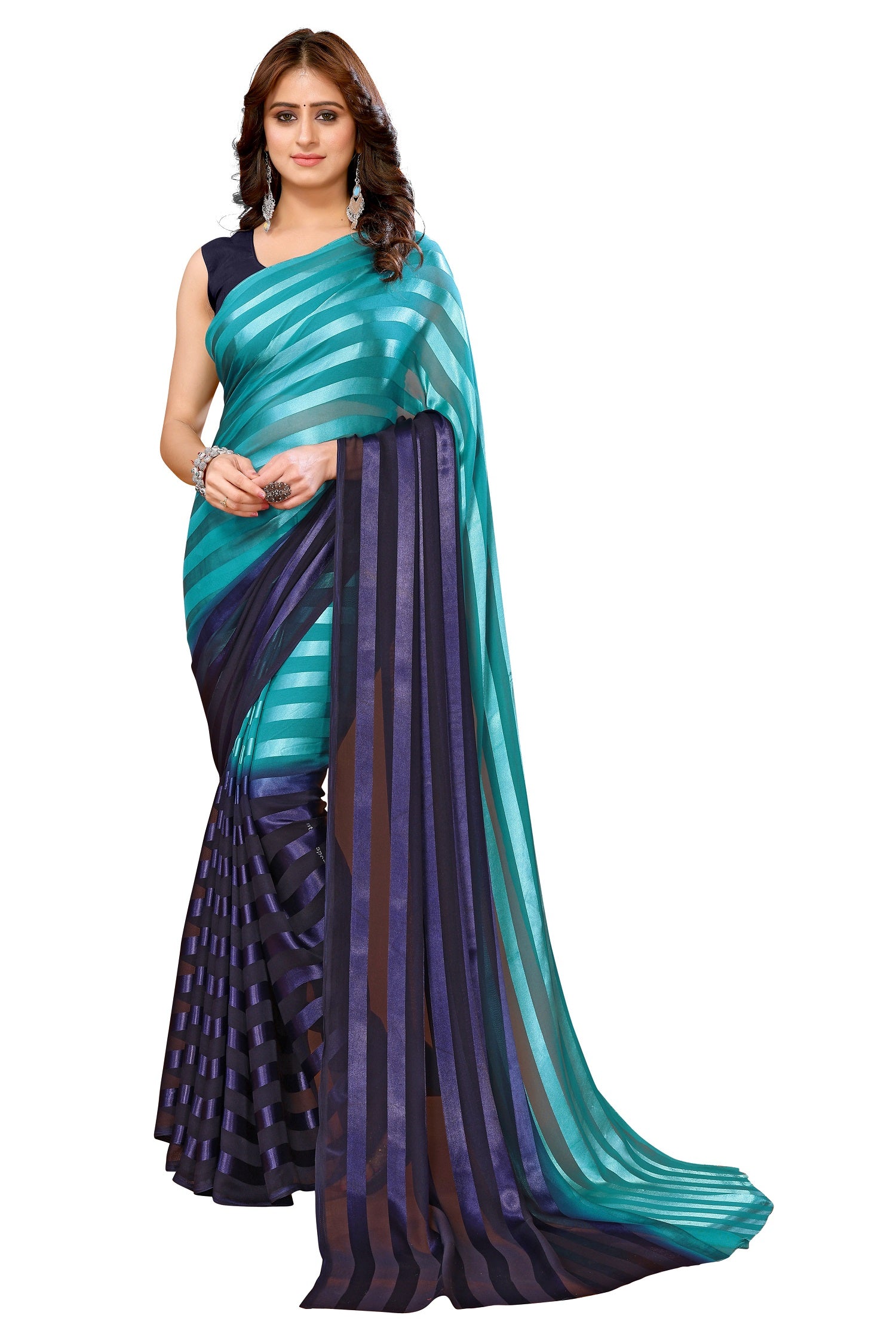Vamika Georgette Satin Green Desinger Satin Patta Saree - Distacart