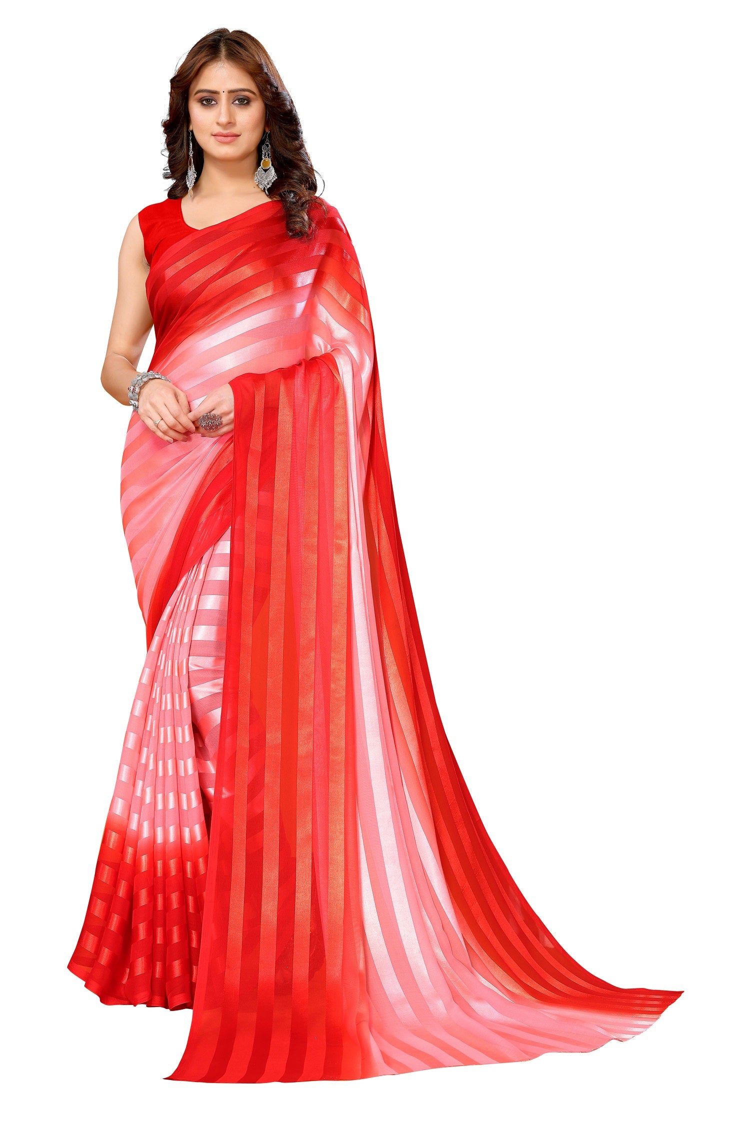 Vamika Georgette Satin Red Desinger Satin Patta Saree - Distacart