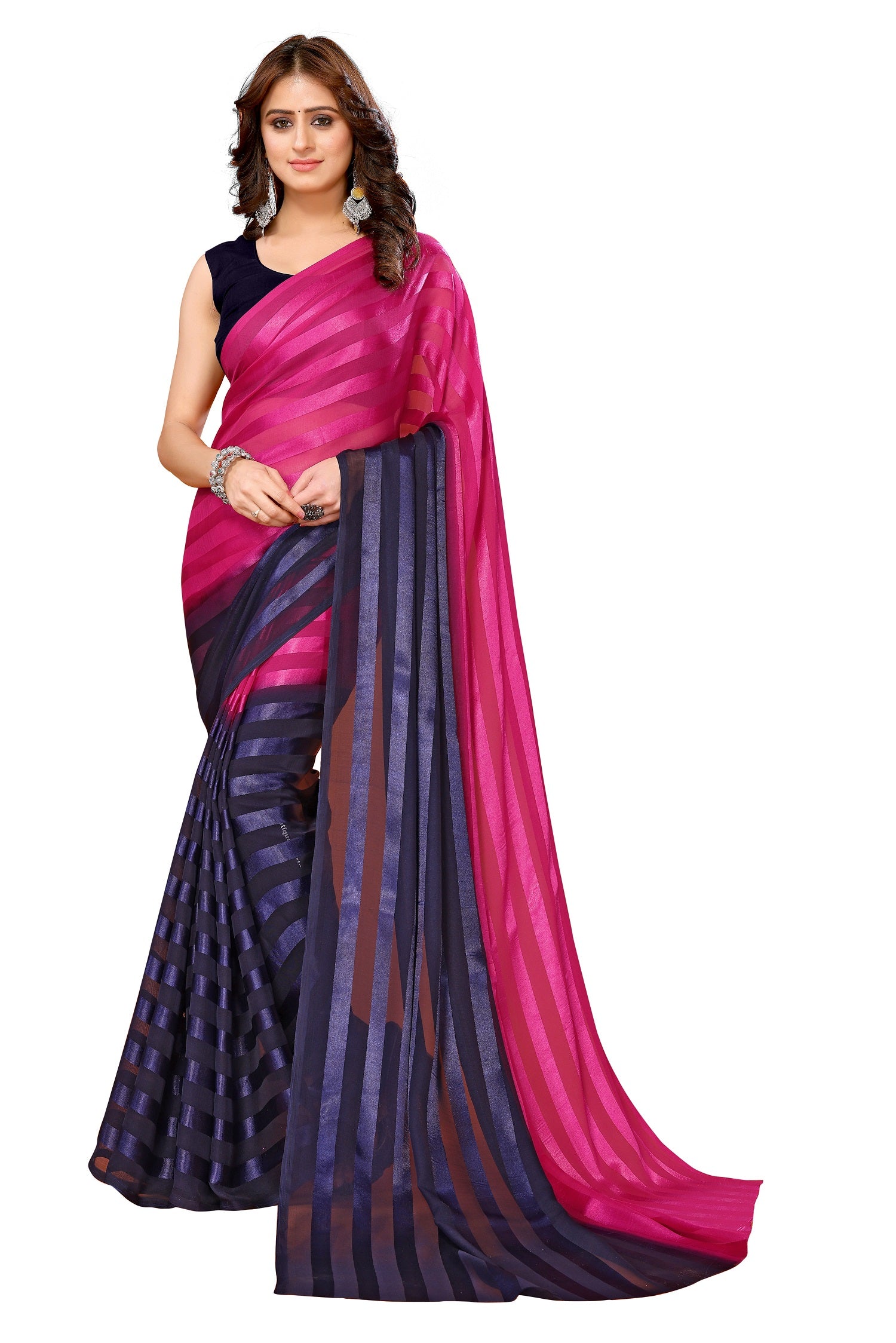 Vamika Georgette Satin Navy Desinger Satin Patta Saree - Distacart
