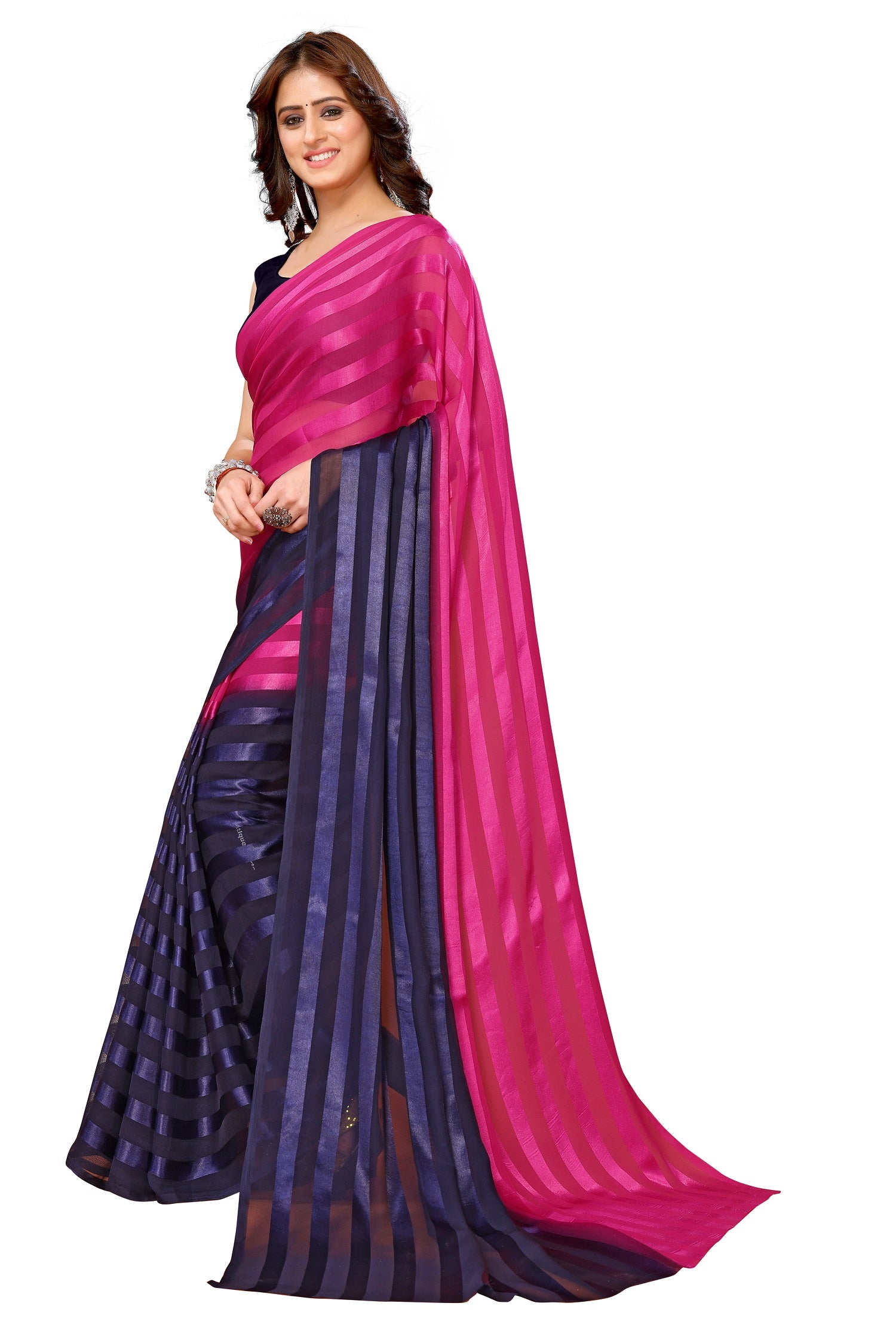 Vamika Georgette Satin Navy Desinger Satin Patta Saree - Distacart