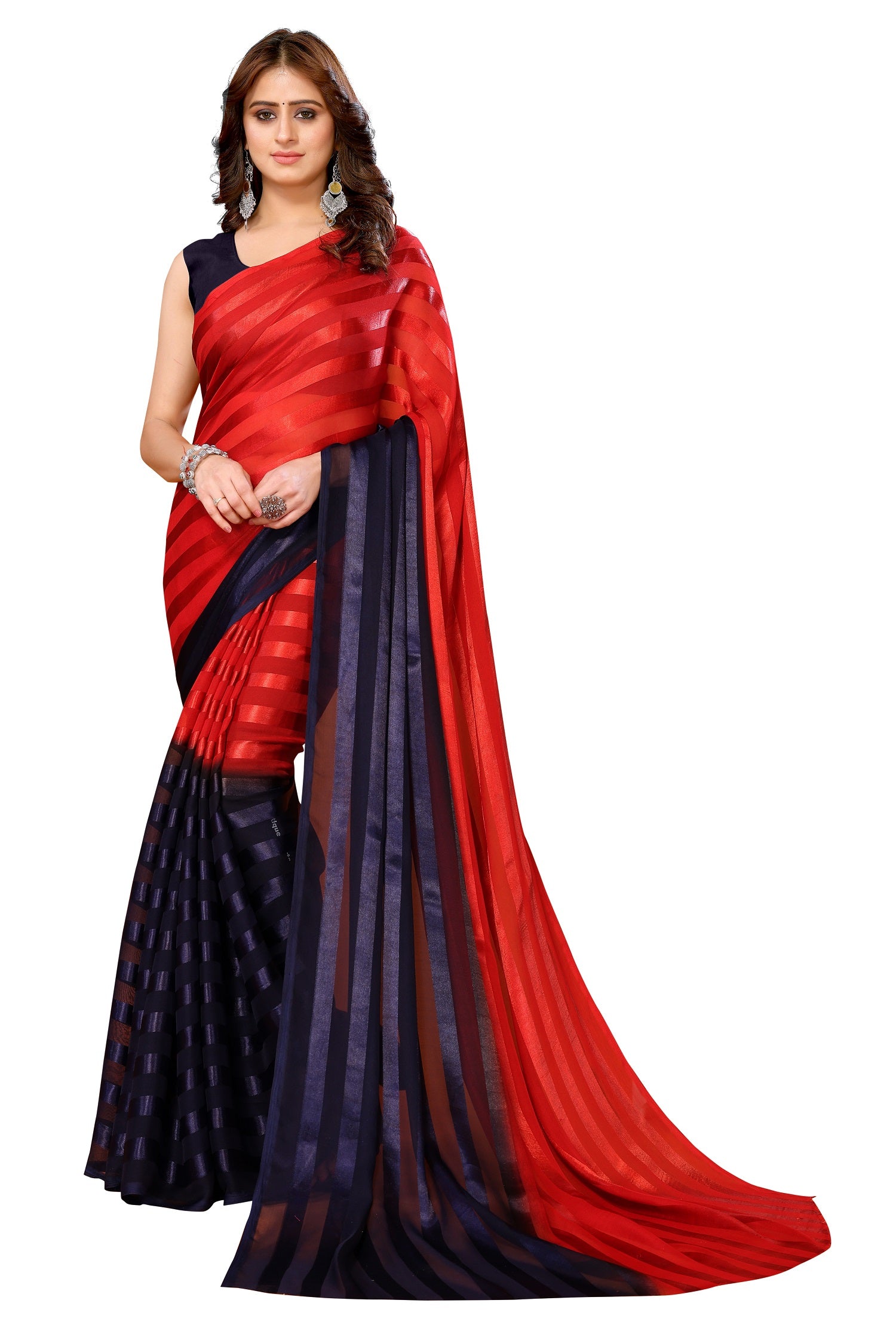 Vamika Georgette Satin Red Desinger Satin Patta Saree - Distacart