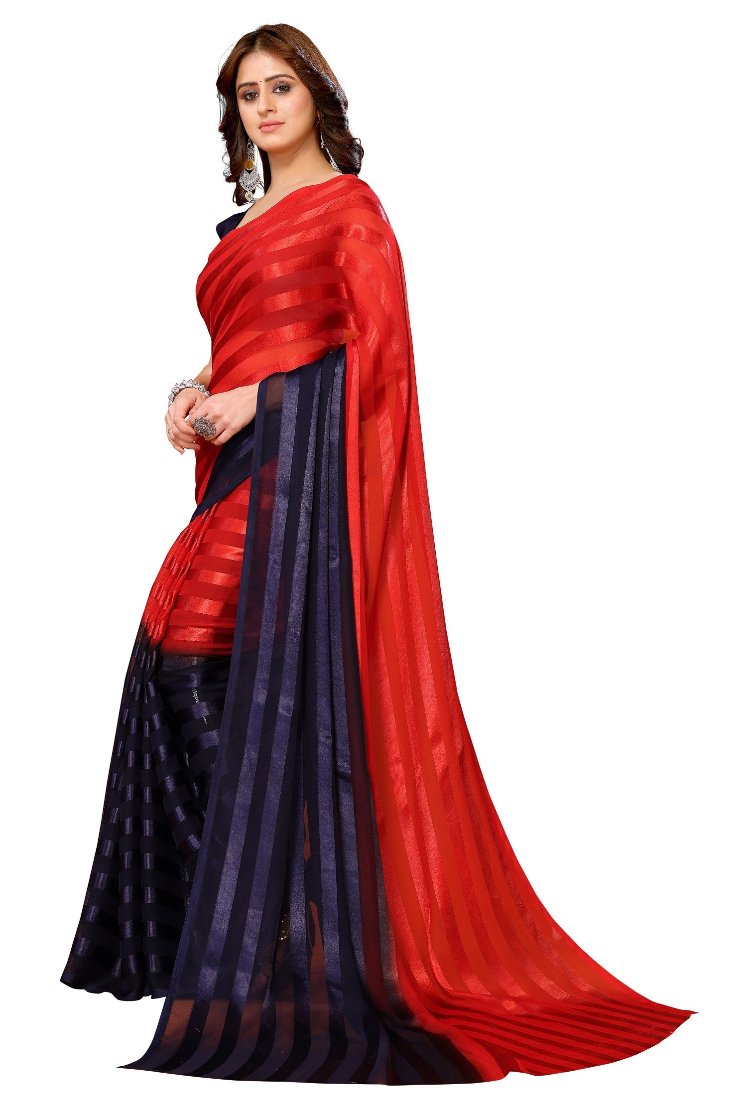 Vamika Georgette Satin Red Desinger Satin Patta Saree - Distacart
