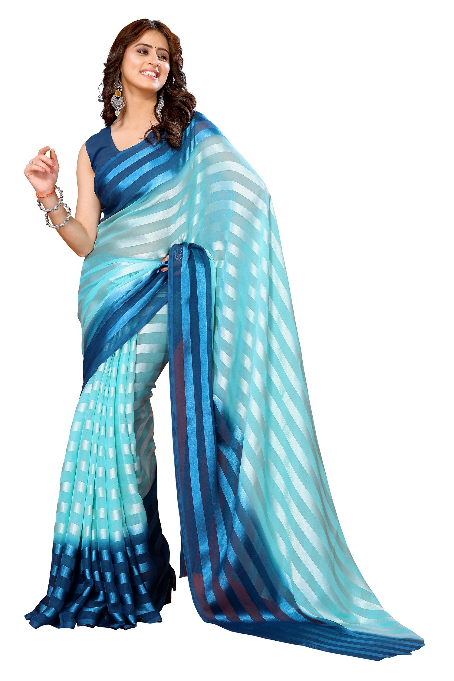 Vamika Georgette Satin Sky Blue Desinger Satin Patta Saree - Distacart