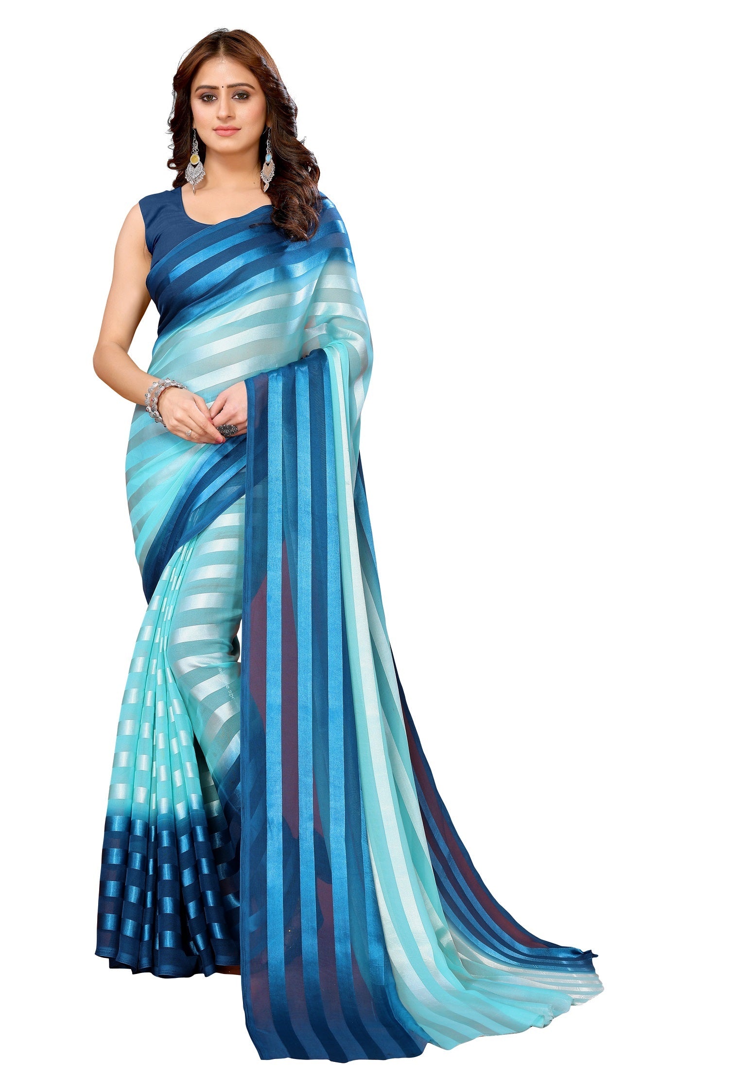 Vamika Georgette Satin Sky Blue Desinger Satin Patta Saree - Distacart