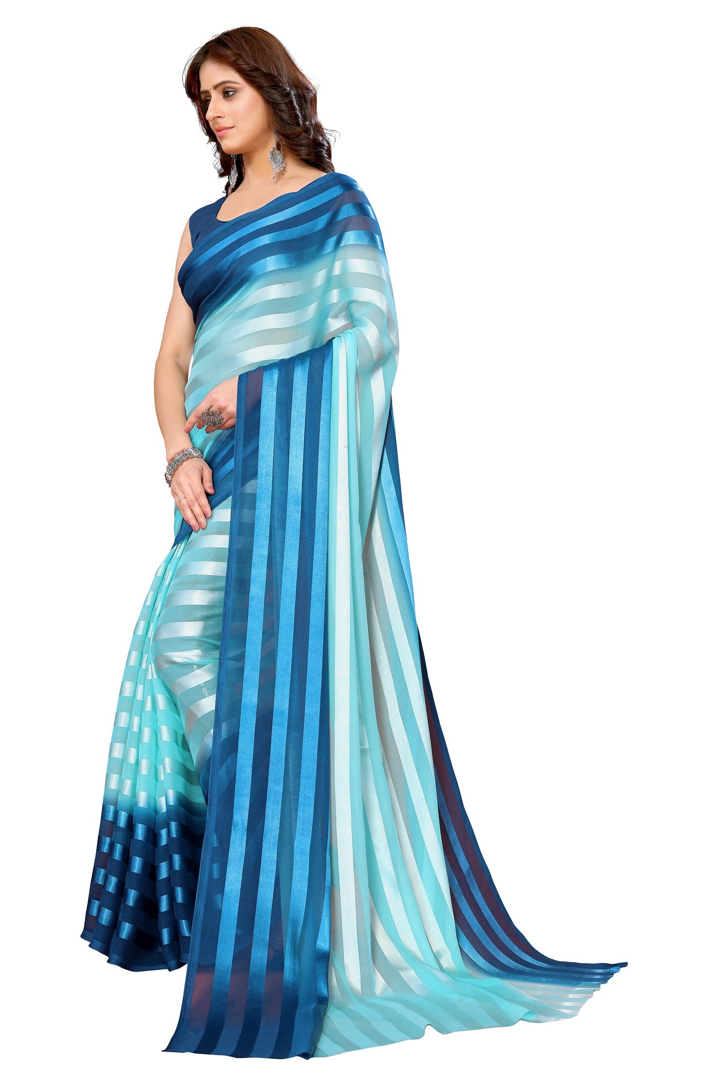 Vamika Georgette Satin Sky Blue Desinger Satin Patta Saree - Distacart