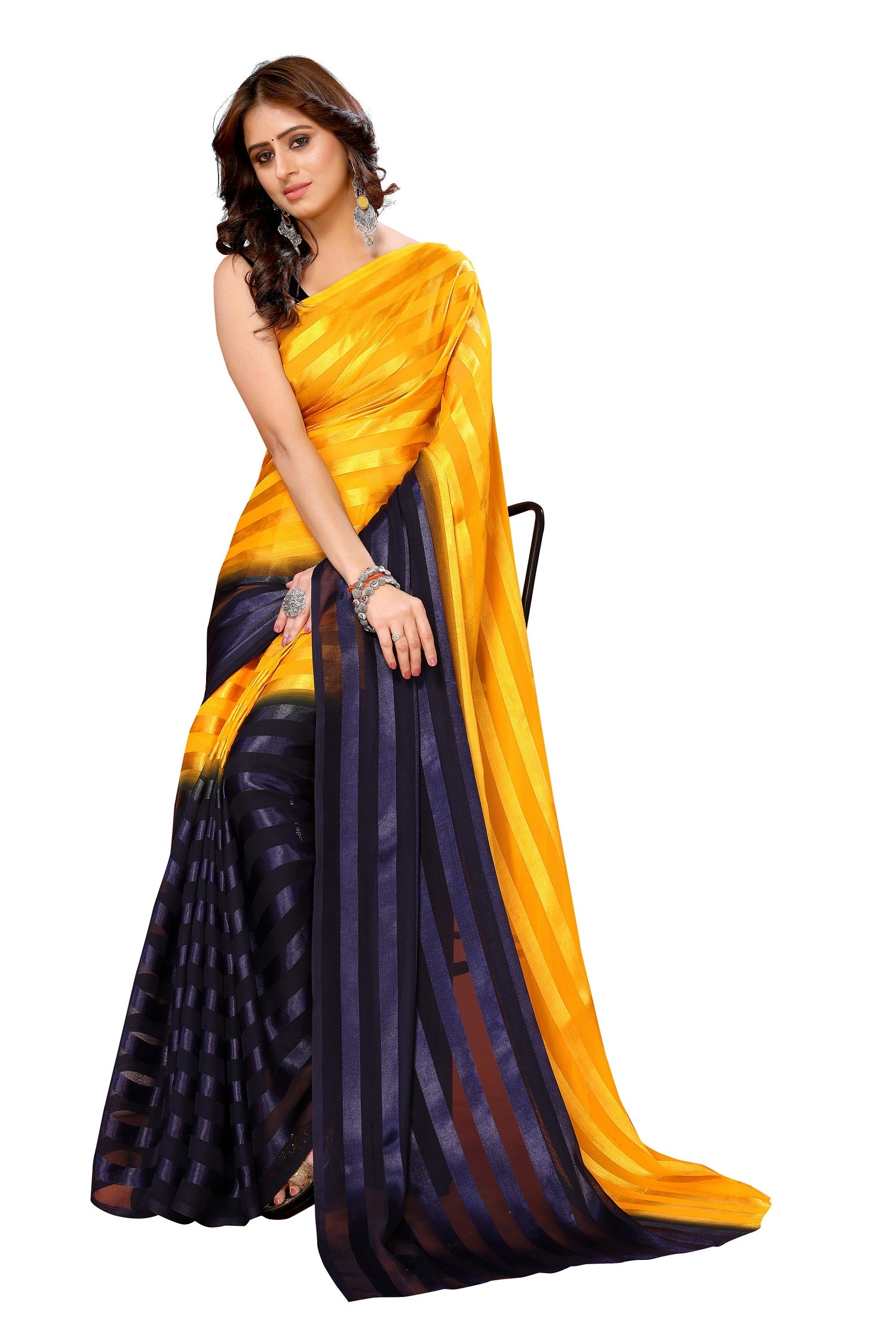 Vamika Georgette Satin Yellow Desinger Satin Patta Saree - Distacart