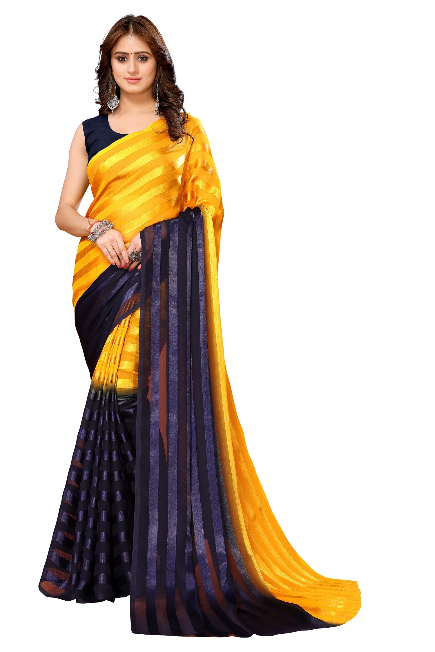 Vamika Georgette Satin Yellow Desinger Satin Patta Saree - Distacart