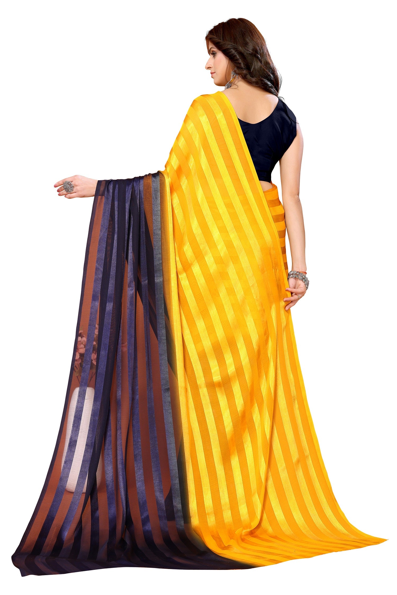 Vamika Georgette Satin Yellow Desinger Satin Patta Saree - Distacart