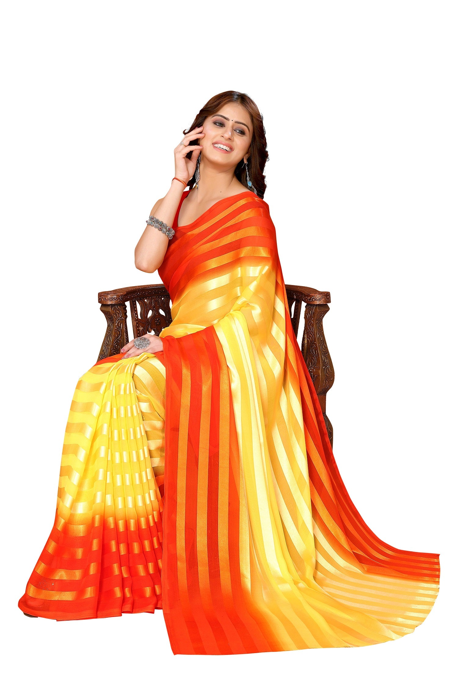 Vamika Georgette Satin Yellow Desinger Satin Patta Saree - Distacart