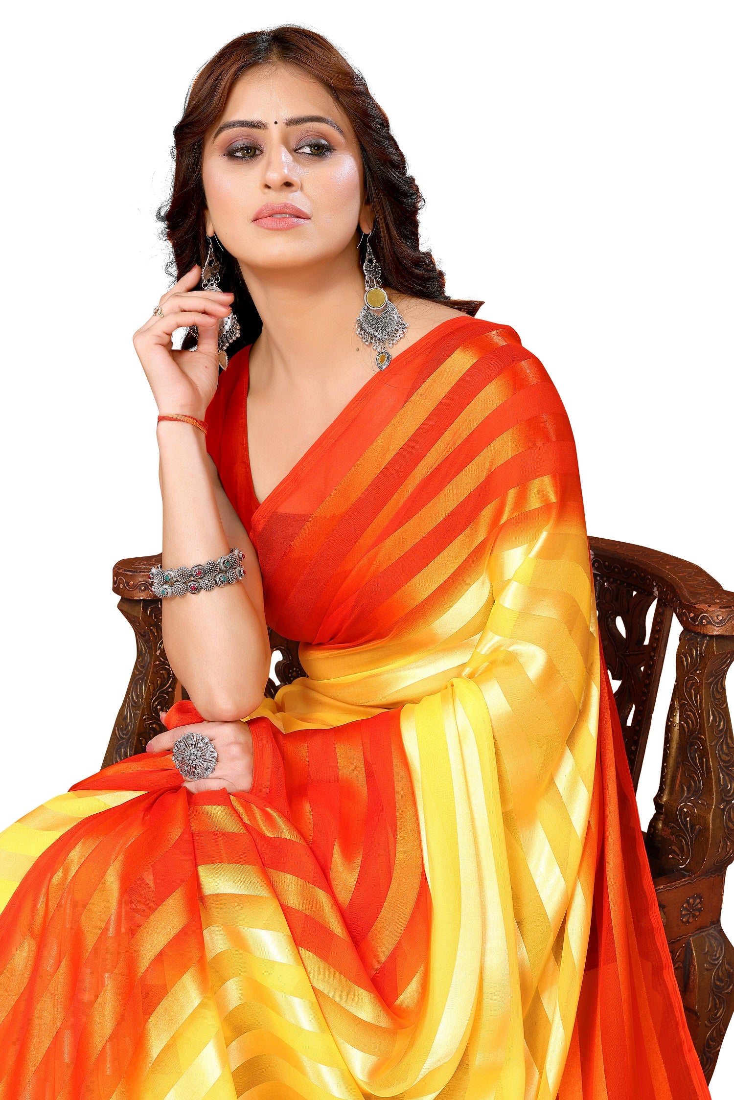 Vamika Georgette Satin Yellow Desinger Satin Patta Saree - Distacart