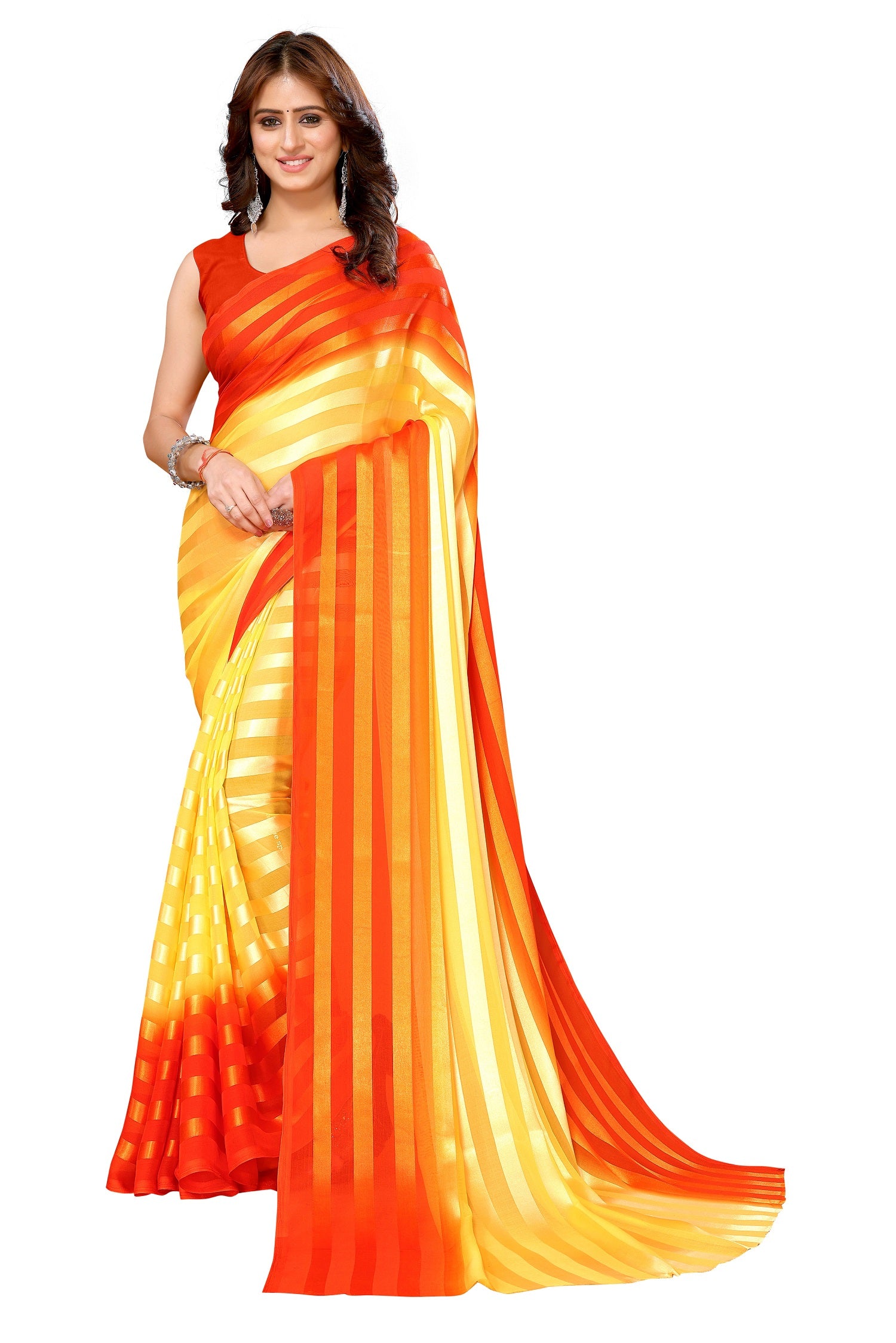 Vamika Georgette Satin Yellow Desinger Satin Patta Saree - Distacart