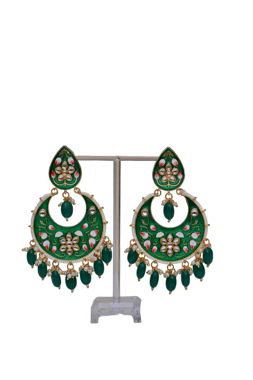Gold Plated Brass & Pearl Dangle Women Green Hand Painted Meenakari Chandbali Earrings By House of Ree - Distacart