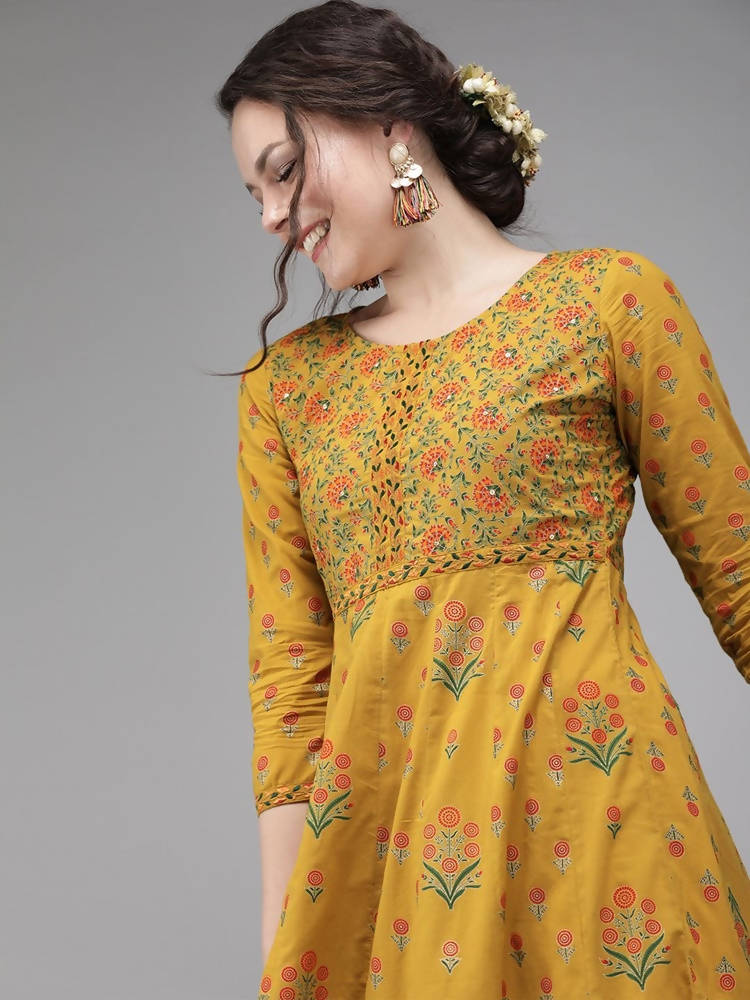 Yufta Women Mustard Yellow & Green Printed A-Line Panelled Kurta