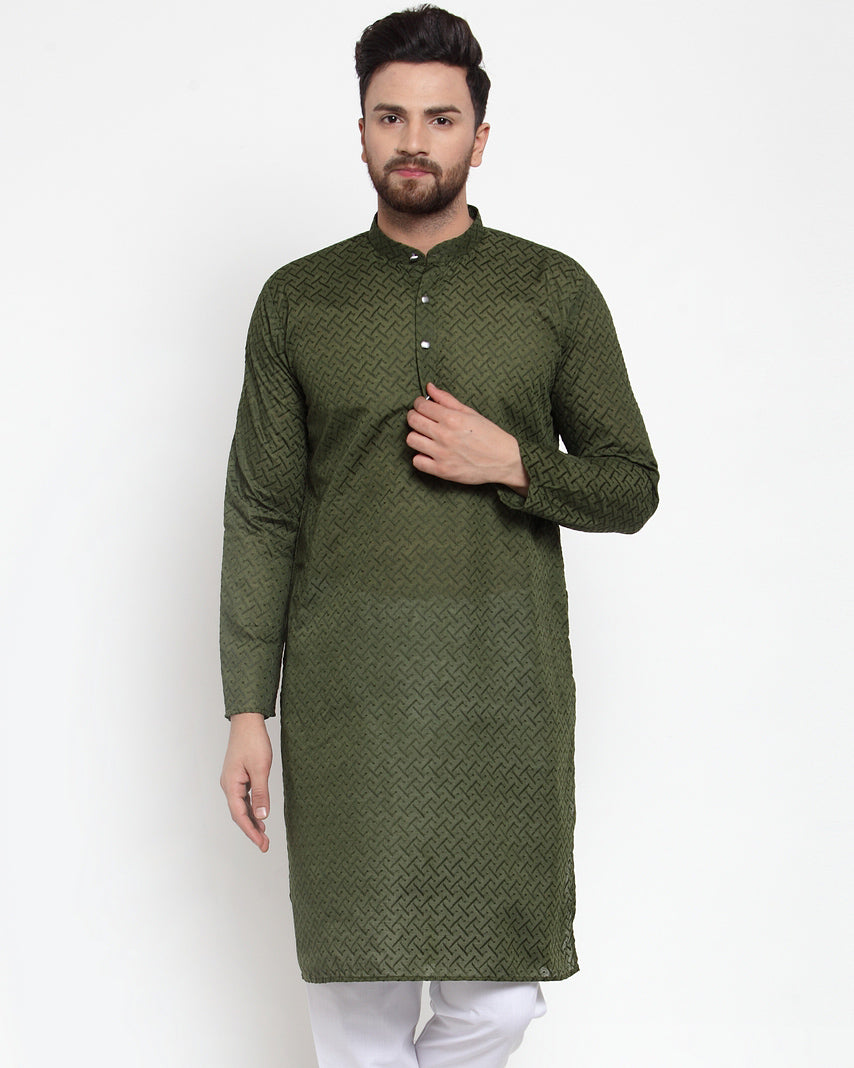 Jompers Men Olive Green Chikan Kurta Only - Distacart