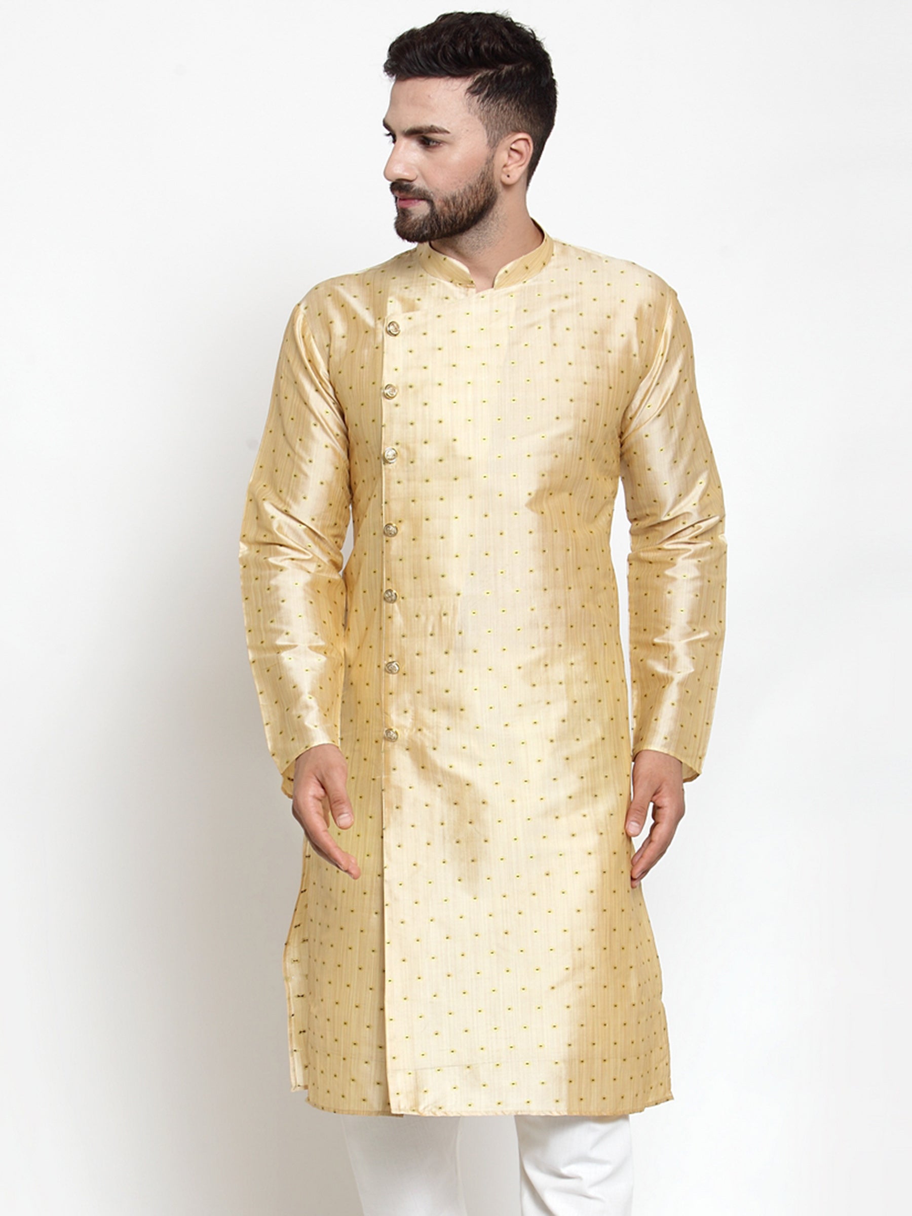 Jompers Men Mustard & Golden Self Design Kurta Only - Distacart