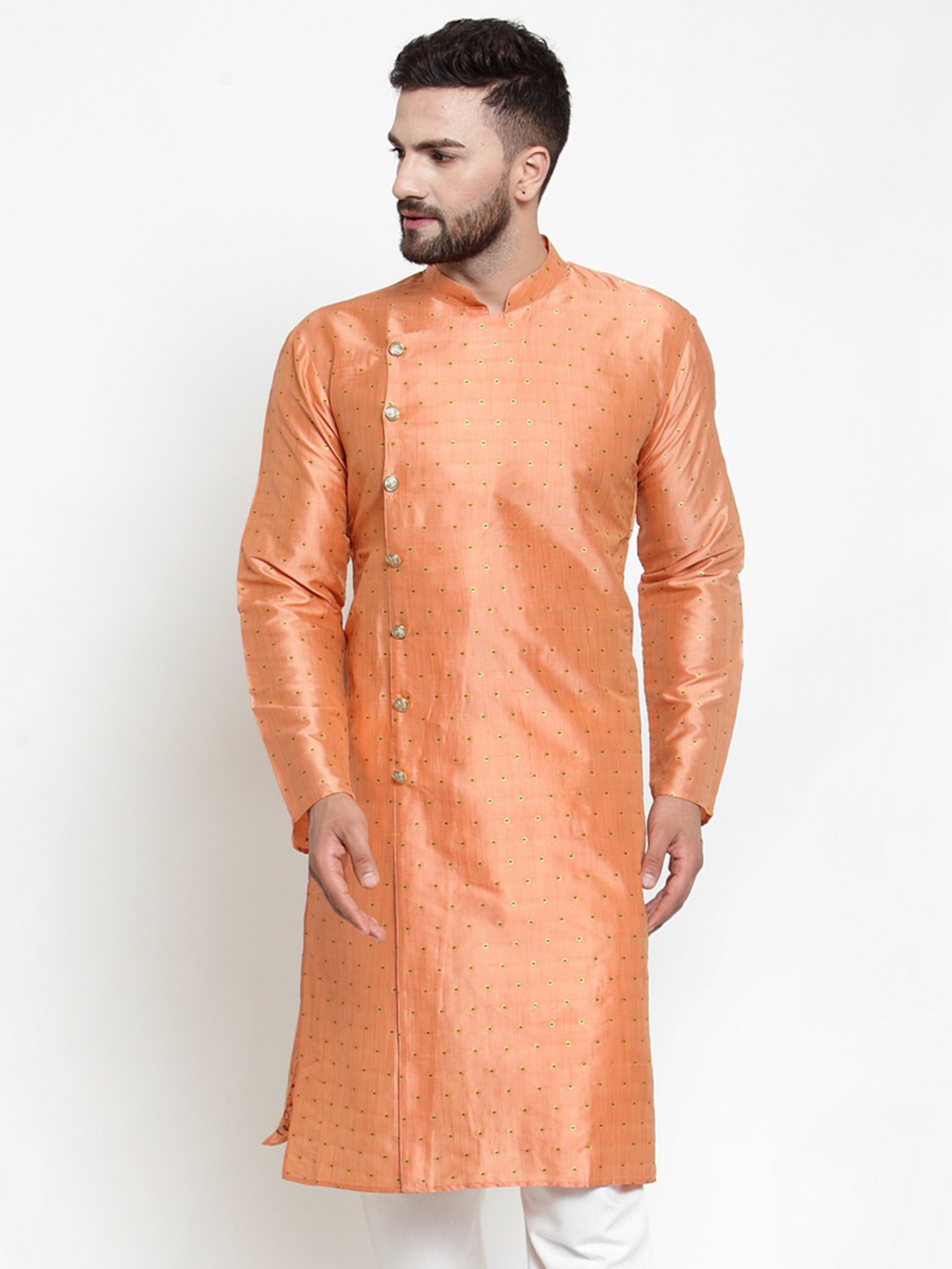 Jompers Men Peach & Golden Self Design Kurta Only - Distacart