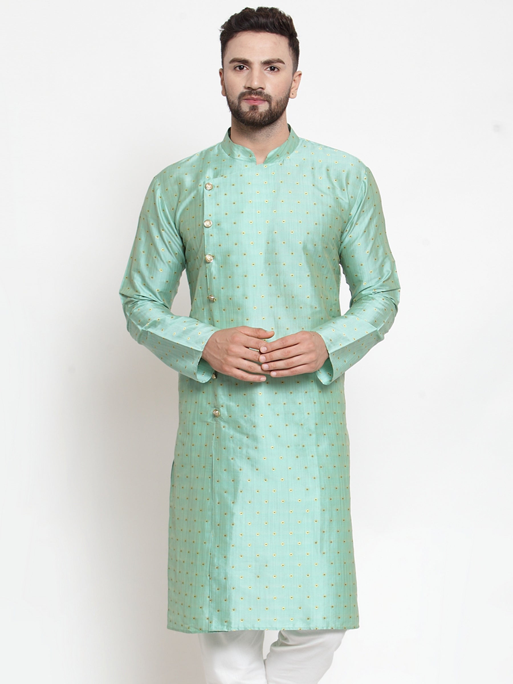 Jompers Men Sky-Blue & Golden Self Design Kurta Only - Distacart