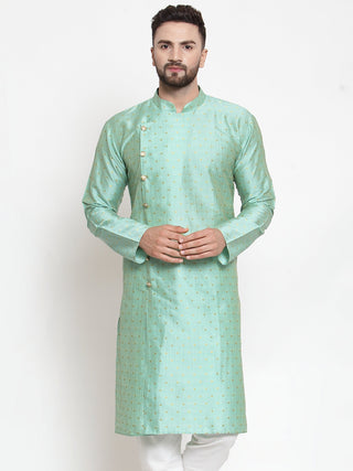 Jompers Men Sky-Blue & Golden Self Design Kurta Only - Distacart