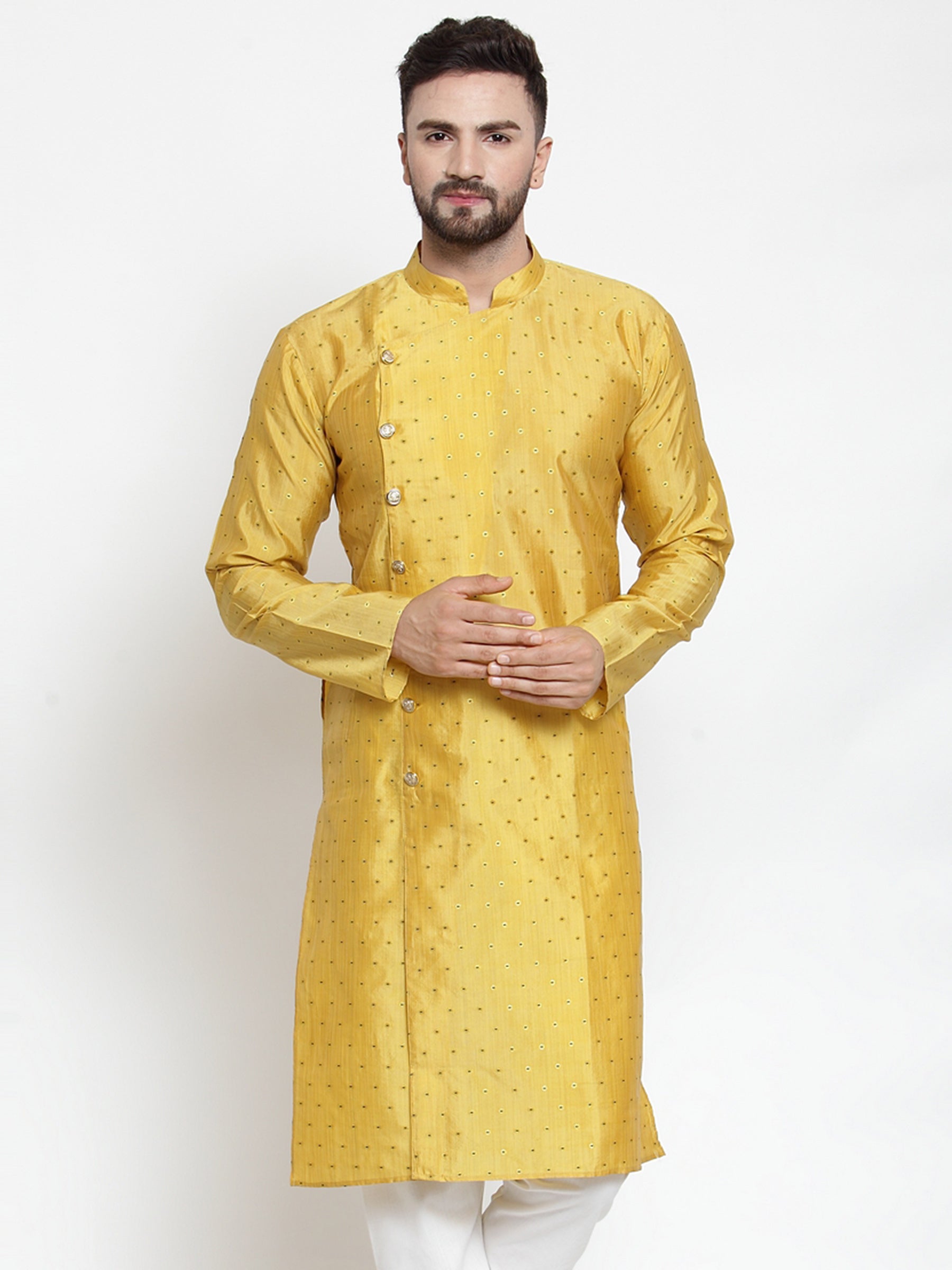 Jompers Men Yellow & Golden Self Design Kurta Only - Distacart
