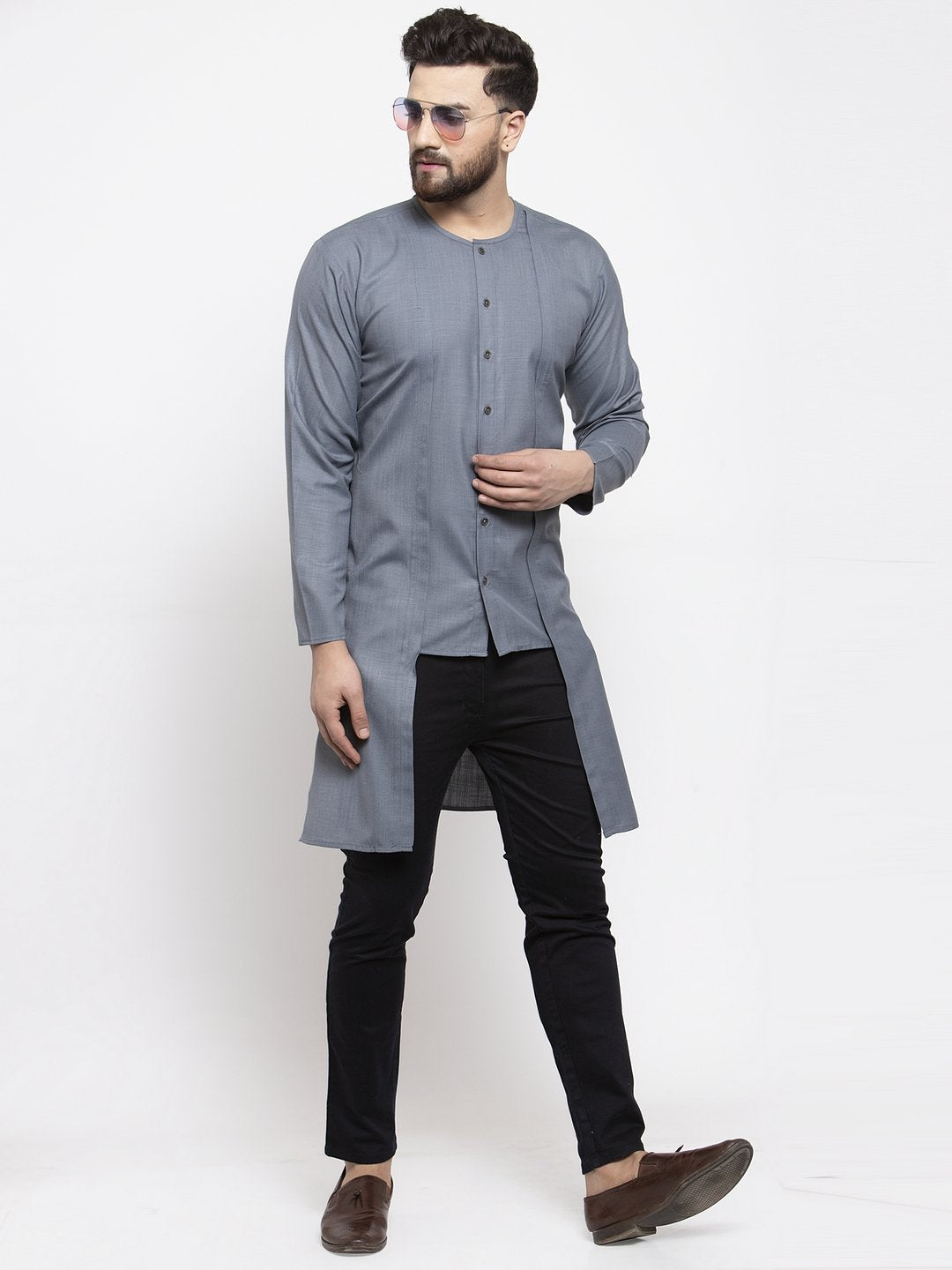 Jompers Men Grey Solid high-low Kurta - Distacart