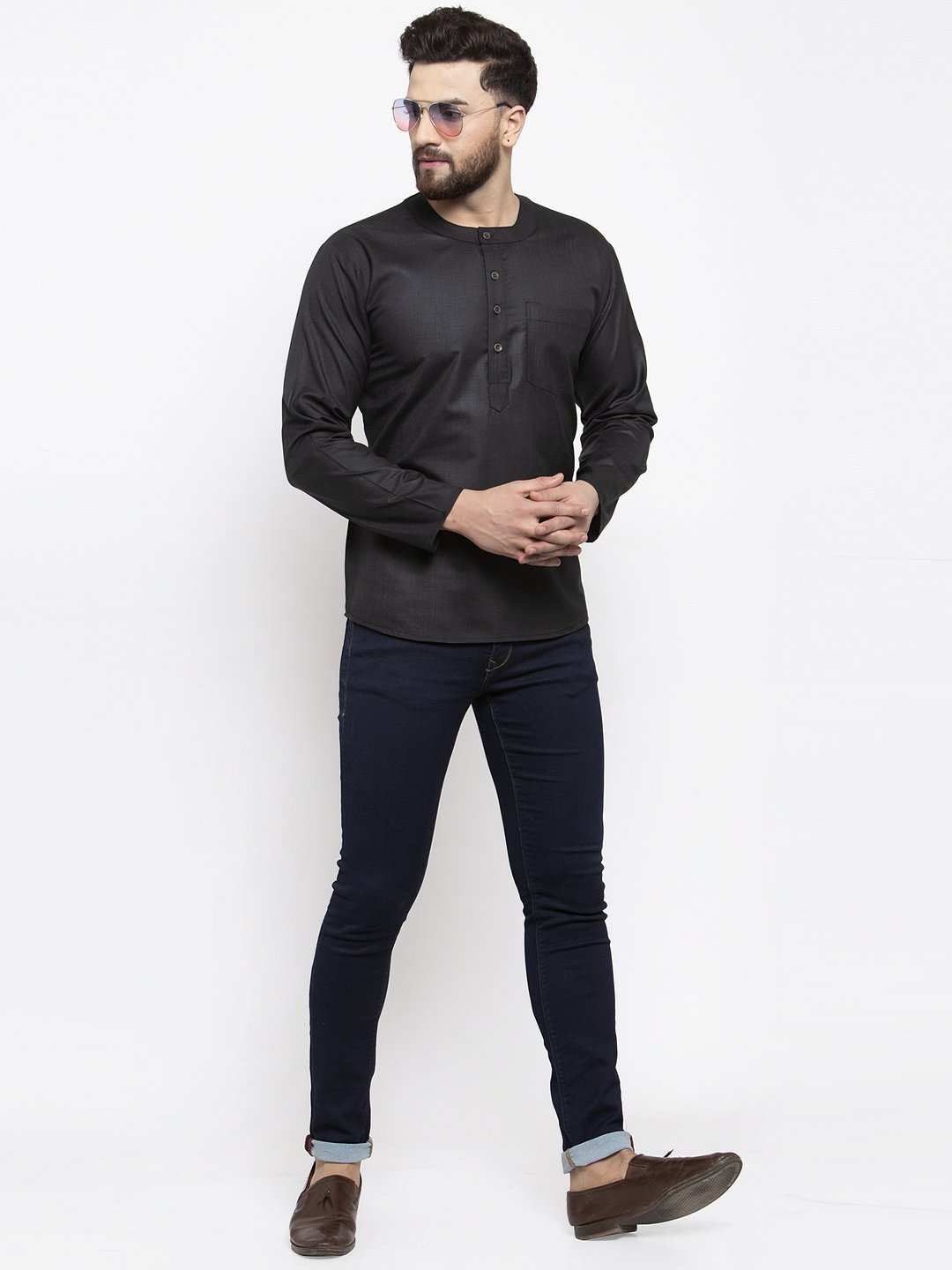 Jompers Men Black Solid Straight Short Kurta - Distacart