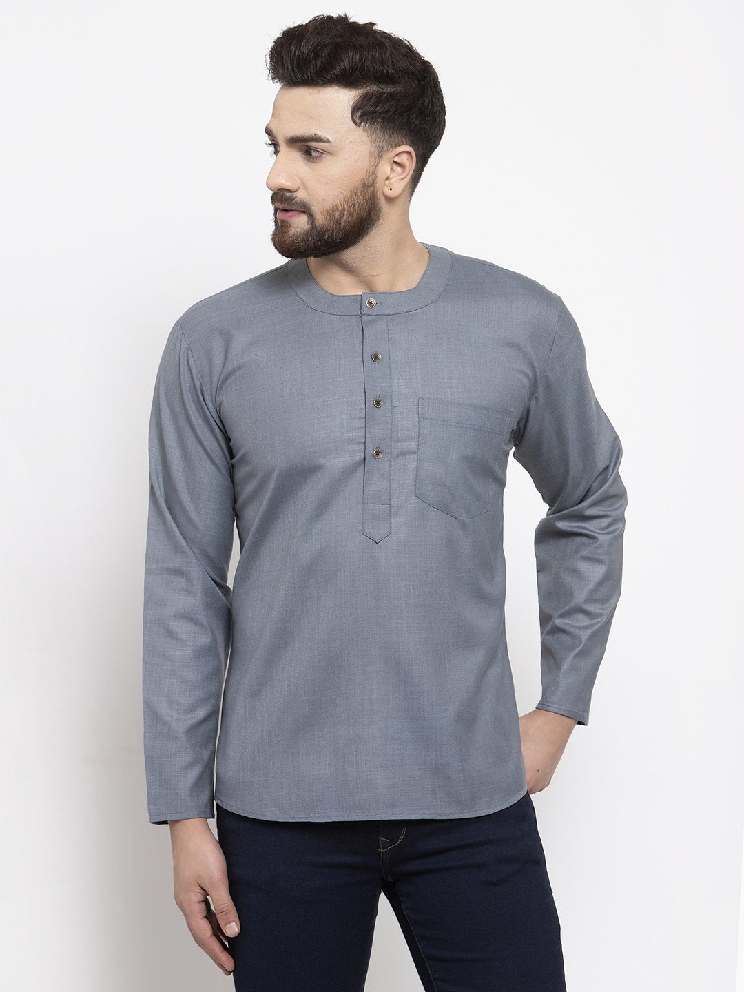 Jompers Men Grey Solid Straight Short Kurta - Distacart