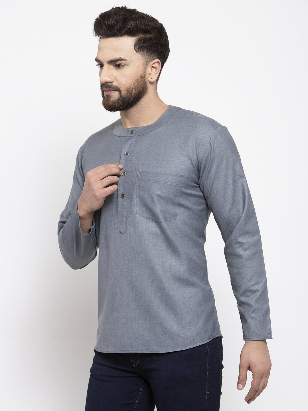 Jompers Men Grey Solid Straight Short Kurta - Distacart