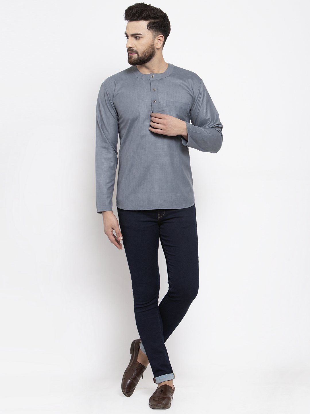 Jompers Men Grey Solid Straight Short Kurta - Distacart