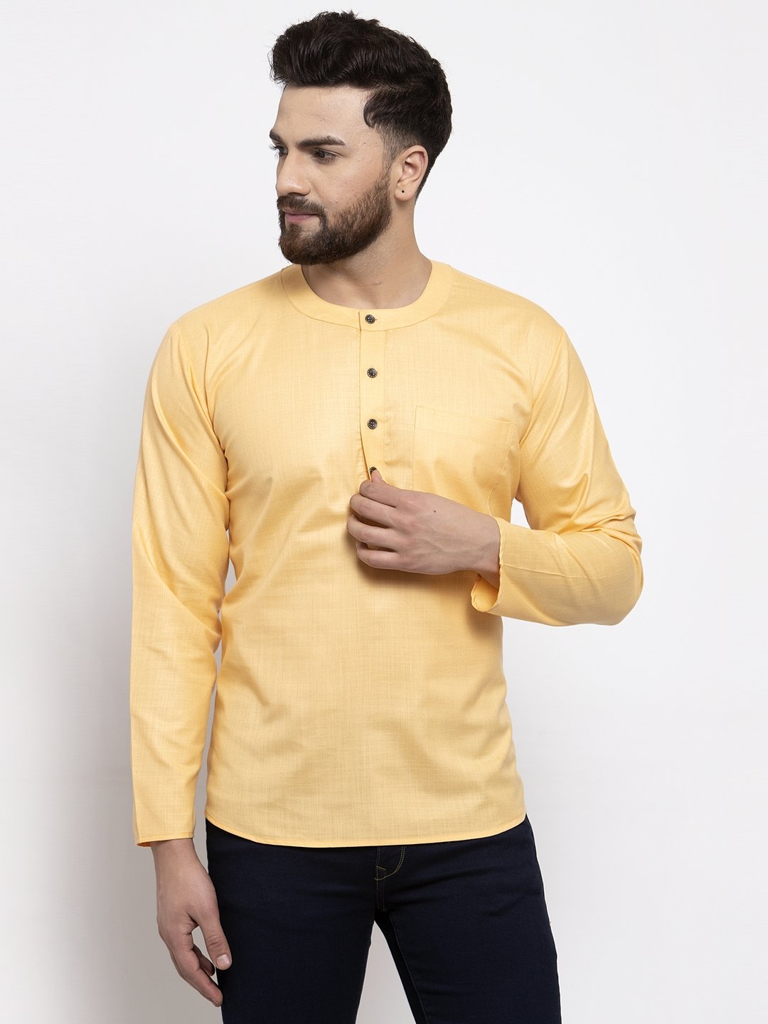 Jompers Men Mustard Solid Straight Short Kurta - Distacart