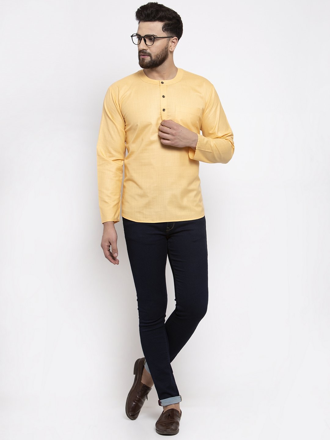 Jompers Men Mustard Solid Straight Short Kurta - Distacart