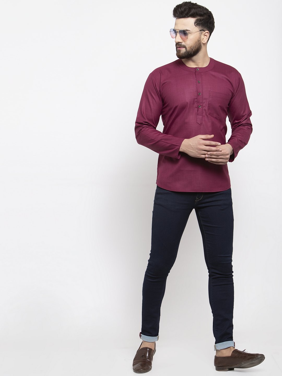 Jompers Men Purple Solid Straight Short Kurta - Distacart
