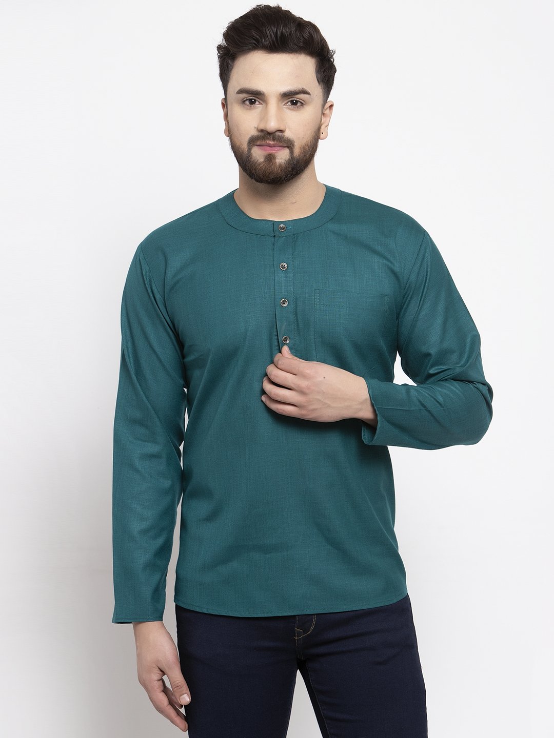 Jompers Men Teal Solid Straight Short Kurta - Distacart