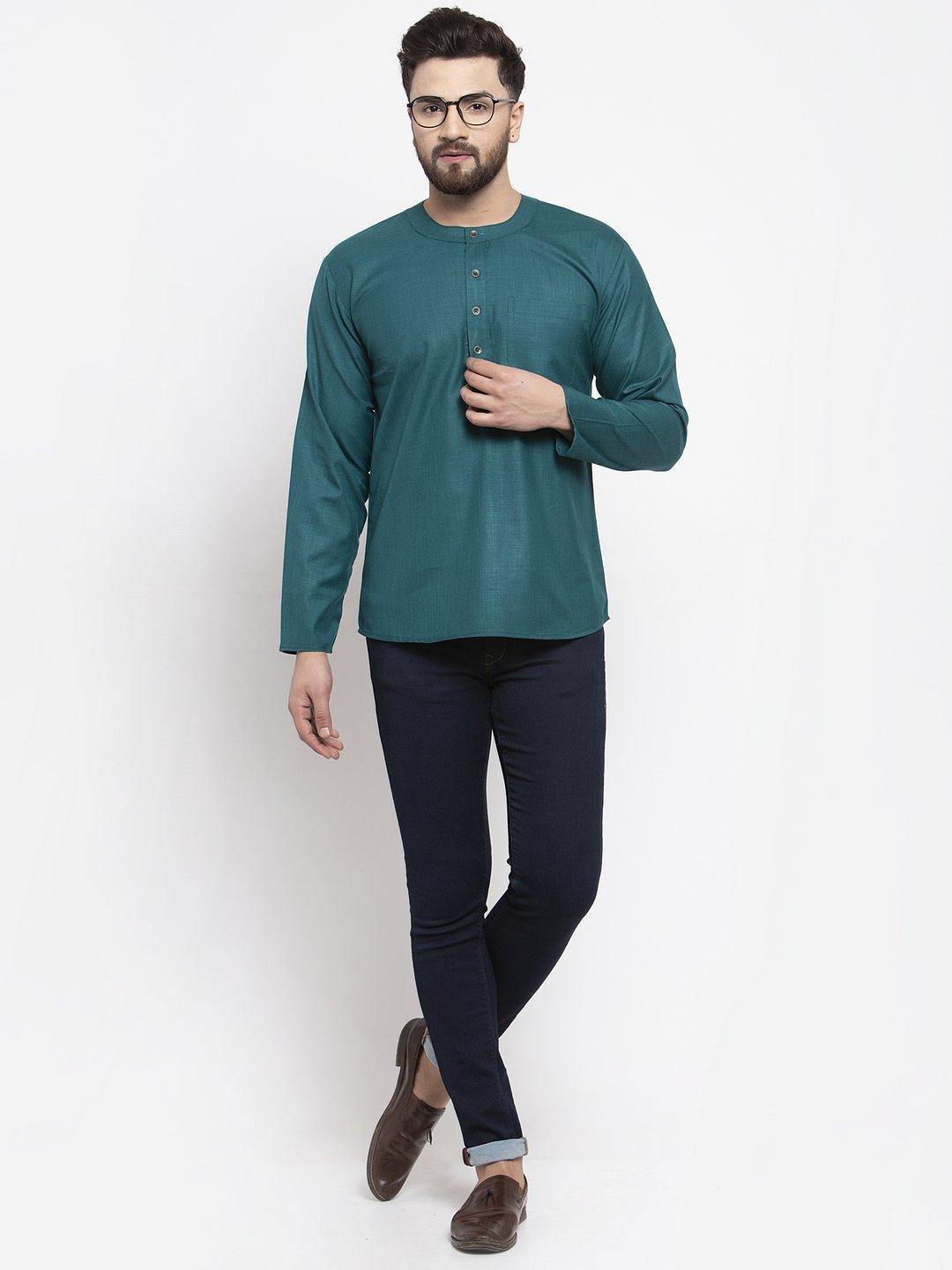 Jompers Men Teal Solid Straight Short Kurta - Distacart