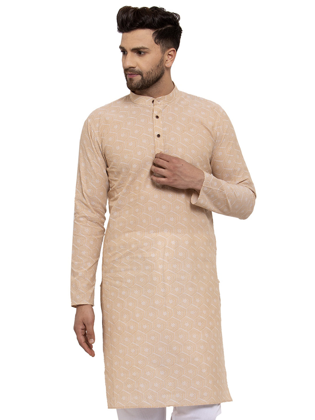 Jompers Men's Beige Cotton Printed Kurta Only