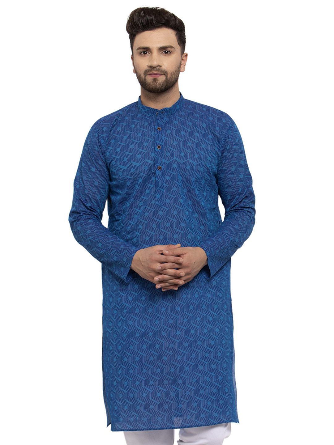 Jompers Men's Beautiful Blue Cotton Printed Kurta Only