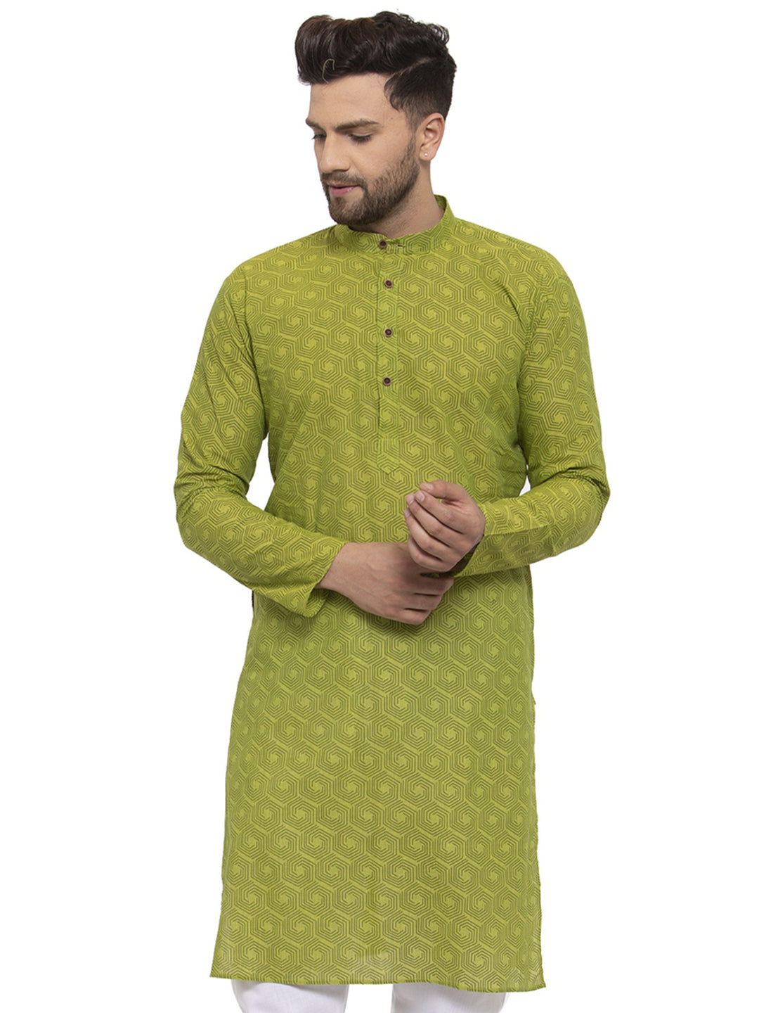 Jompers Men's Beautiful Green Cotton Printed Kurta Only