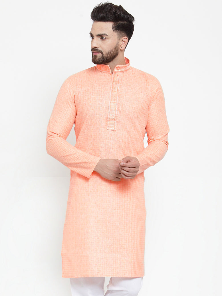 Jompers Men Peach & White Embroidered Kurta Only - Distacart