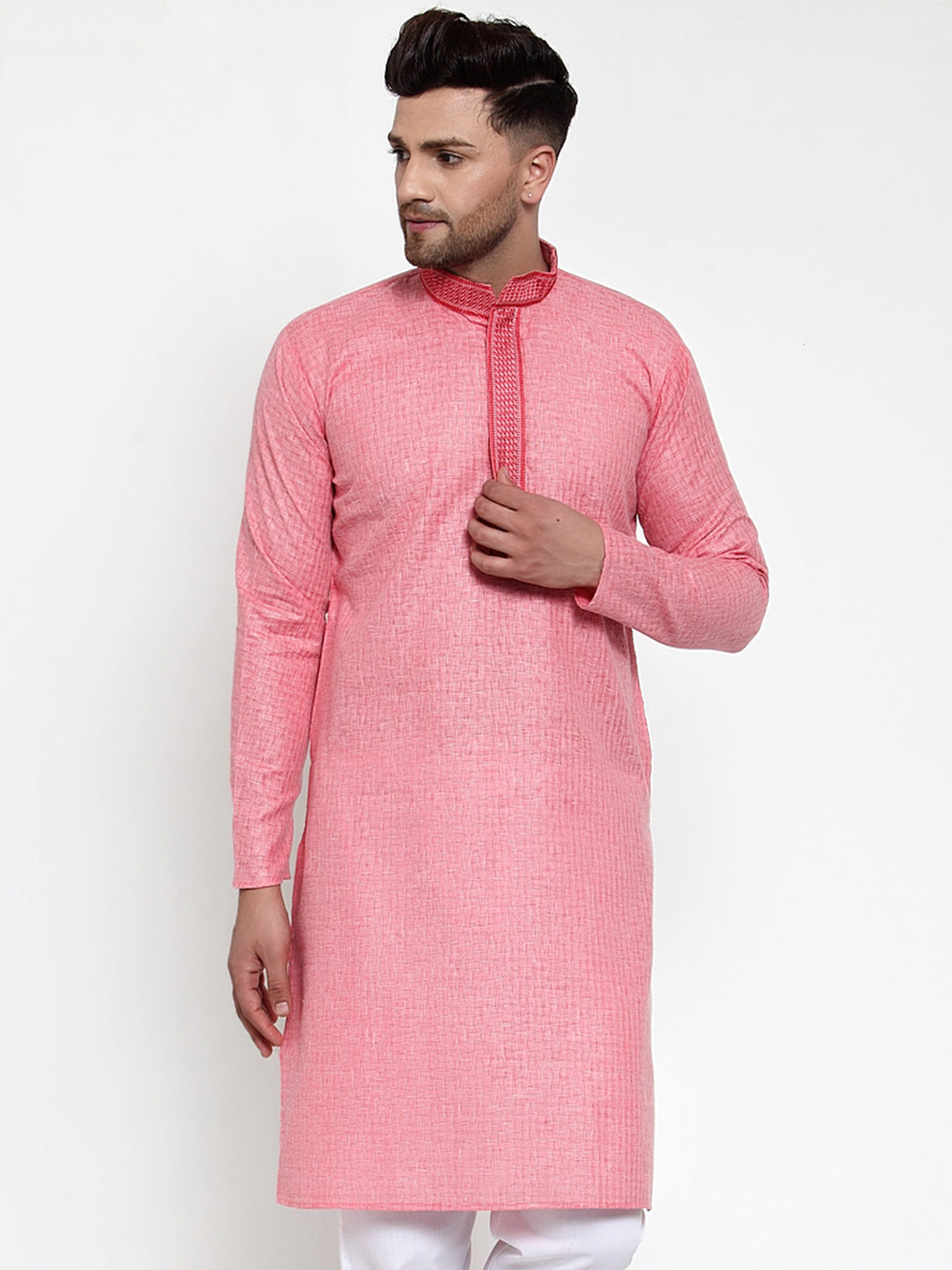 Jompers Men's Beautiful Pink Woven Kurta Only
